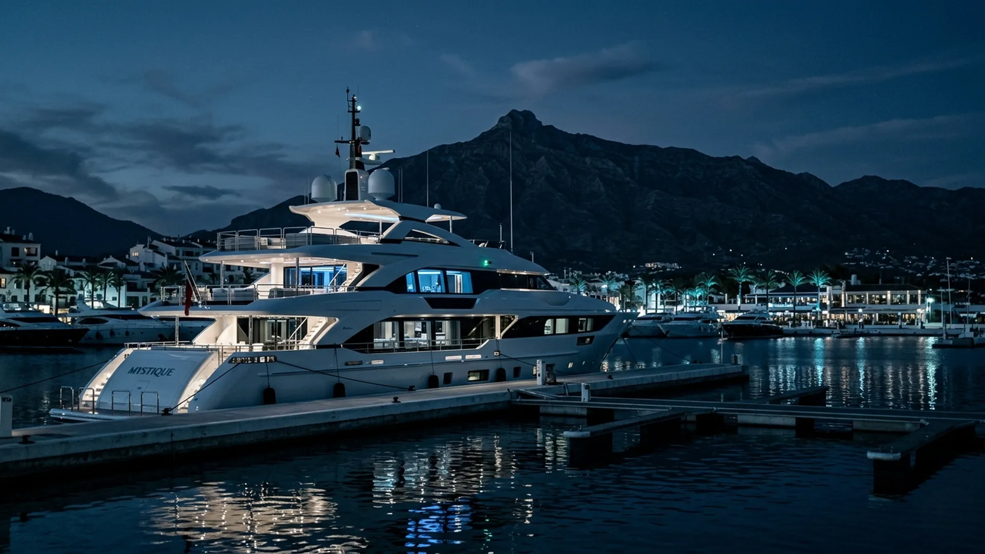 M/Y MYSTIQUE Benetti superyacht docked at Puerto Banús marina, Marbella — luxury yacht charter Spain